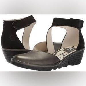 Fly London Metallic Leather Suede Ankle Strap Wedge Shoes EU 39